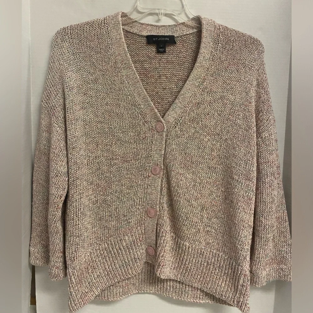 St. John Pink Confetti Knit Chunky Oversized Cardigan